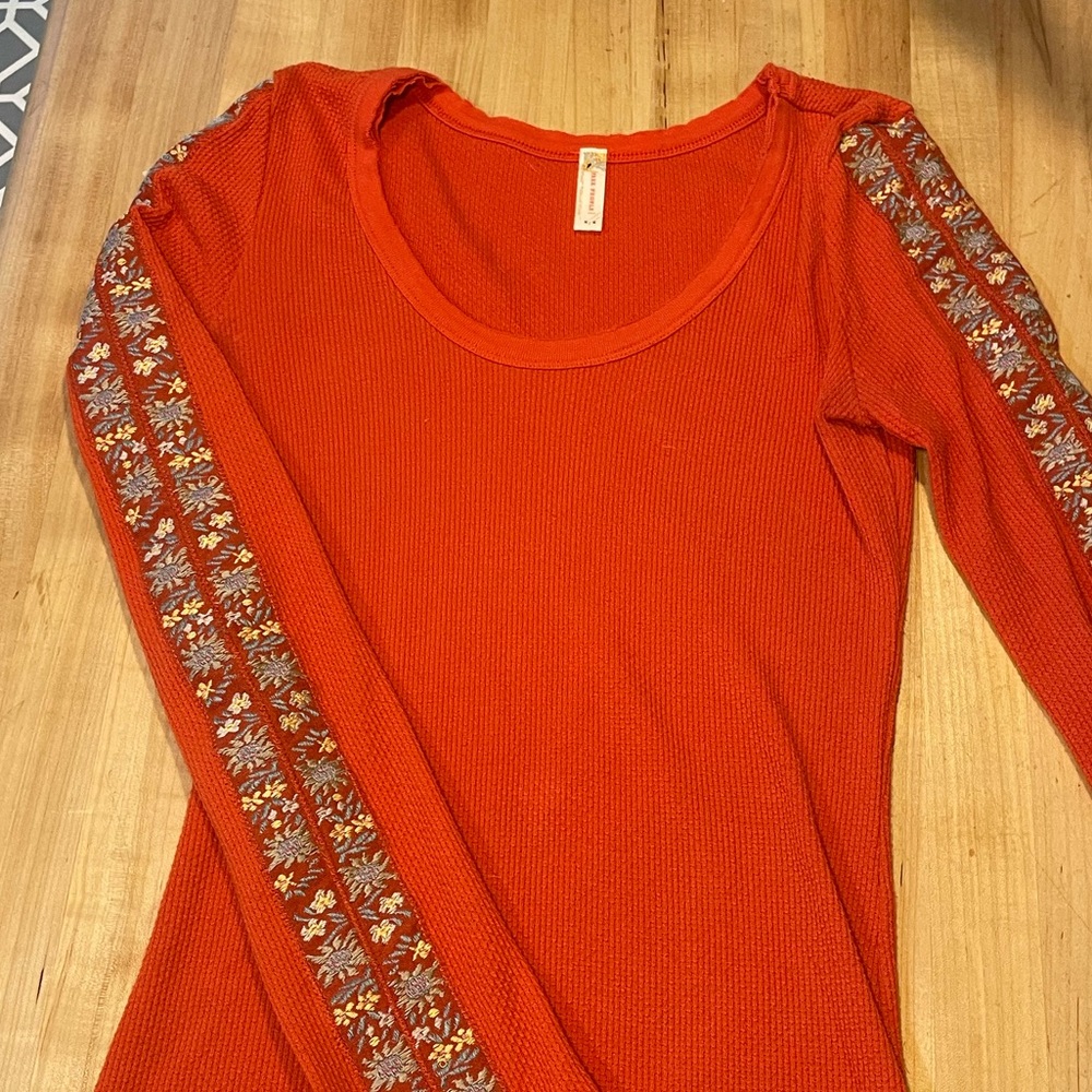Free People Embroidered Long Sleeve Waffle Shirt